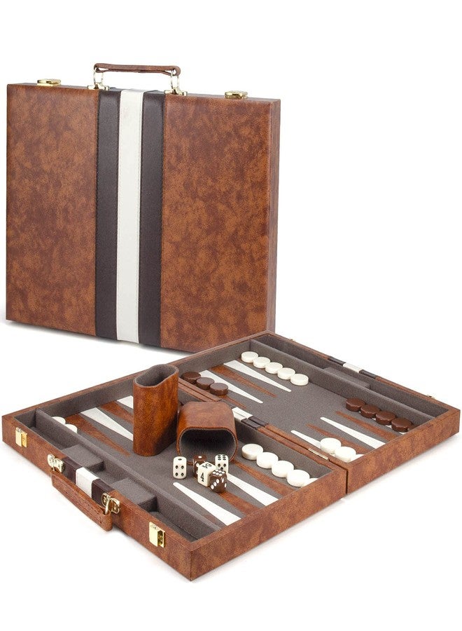 AMEROUS Backgammon Set, 15 Inches Classic Board Game with Leather Case, Folding Board, Gift Package, Portable Travel Strategy Backgammon Game Set for Adults, Kids (Medium, Brown) - Image 2